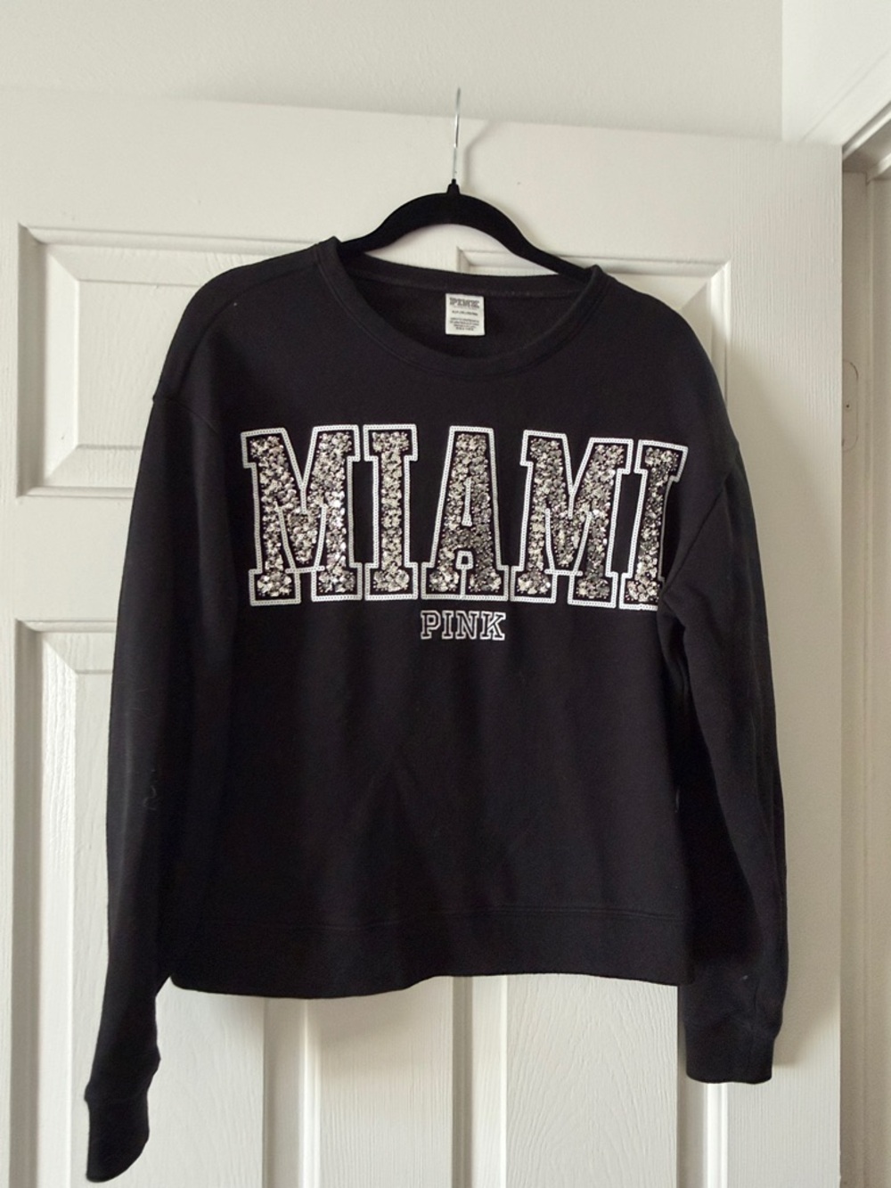 PINK Victoria's Secret Black Crewneck Sweatshirt with Sequin 'MIAMI' Logo
